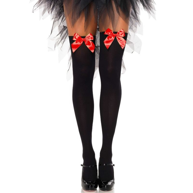 Leg Avenue - Cuisses Hautes En Nylon Noir Avec Noeud Rouge Taille Unique